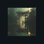 Misty Torii Gate Dawn Solitude Figure Canvas Print<br><div class="desc">A solitary traveler stands before a majestic red torii gate rising from a misty, lily-pad-filled pond at dawn. Thick fog envelops dense bamboo and ancient trees, while golden sunrise rays pierce through, casting luminous beams and soft reflections across the calm water. The iconic gate glows with quiet power, symbolizing transition,...</div>