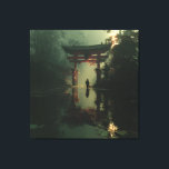 Misty Torii Gate Dawn Solitude Figure Canvas Print<br><div class="desc">A solitary traveler stands before a majestic red torii gate rising from a misty, lily-pad-filled pond at dawn. Thick fog envelops dense bamboo and ancient trees, while golden sunrise rays pierce through, casting luminous beams and soft reflections across the calm water. The iconic gate glows with quiet power, symbolizing transition,...</div>