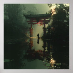 Misty Torii Gate Dawn Solitude Figure Poster