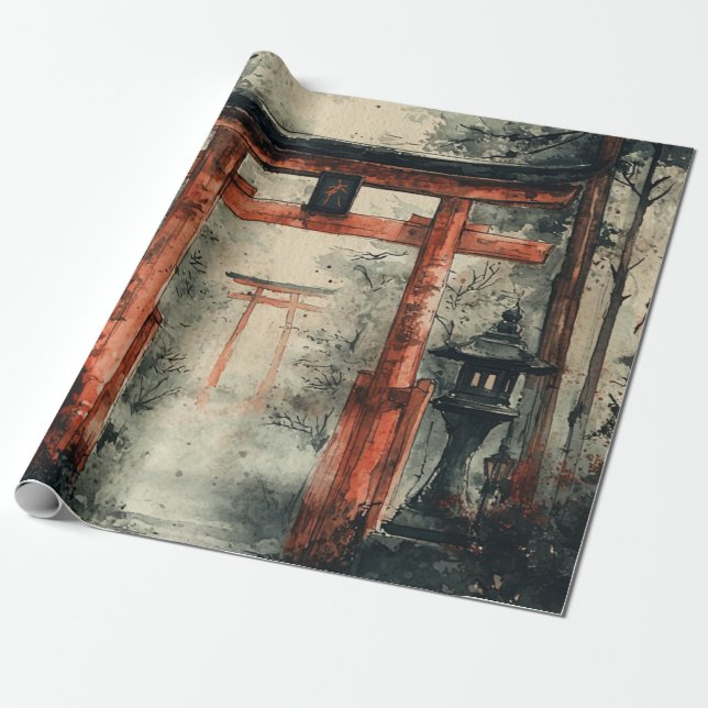 Misty Torii Path Watercolor Wrapping Paper (Unrolled)