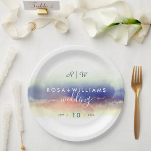 misty watercolor landscape monogram wedding paper plate