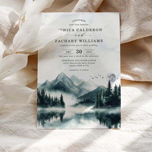 Misty Watercolor Mountain Pine Forest Wedding Invitation (Creator Uploaded)