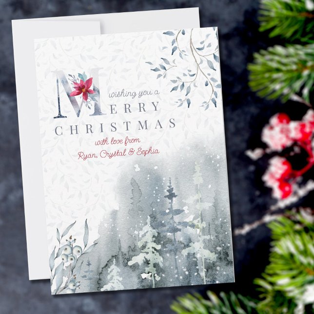 Misty Watercolor Winter Forest and Poinsettia Holiday Card (Creator Uploaded)