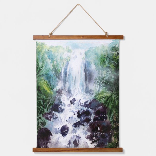 Misty waterfall landscape watercolor painting hanging tapestry (Front)