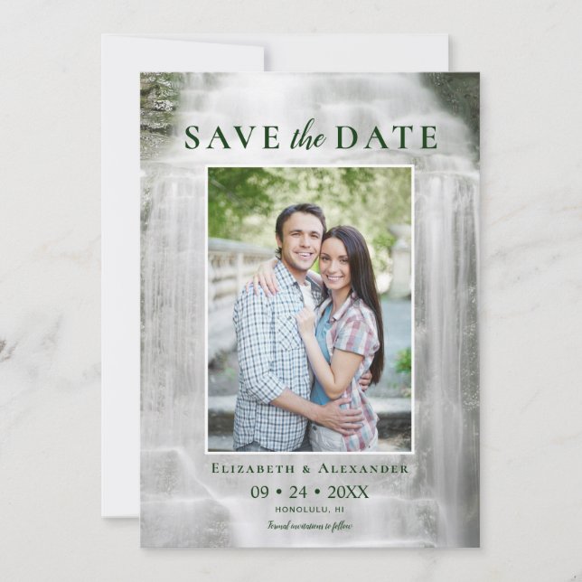 Misty Waterfall Wedding Photo Save the Date (Front)