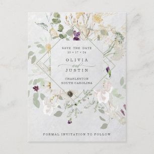 Misty Wildflowers   Grey Geometric Save the Date Announcement Postcard