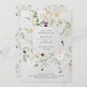 Misty Wildflowers   Soft Grey Geometric Wedding In Invitation