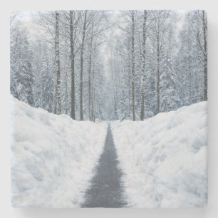 Misty Winter Forest Path Winter Landscape Stone Coaster