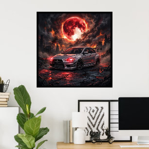 Mitsubishi Lancer Evo 10 Under a Crimson Moon Poster