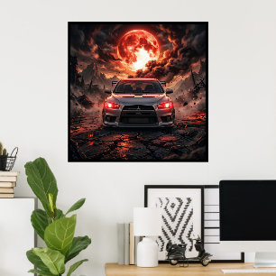 Mitsubishi Lancer Evo 10 Under a Crimson Moon Poster
