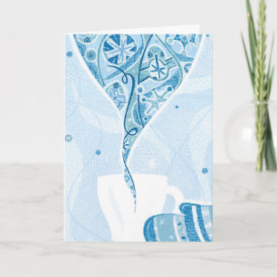 Mitten holding Mug in Winter Blue Snow Pattern Holiday Card