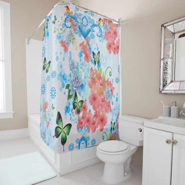 Mix Blue abstract with Salmon flowers Shower Curtain (In Situ)