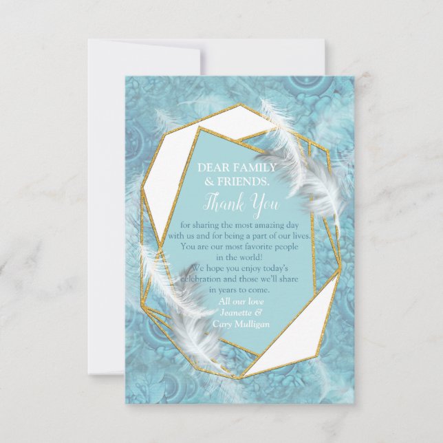 Mix Blue Pattern, Feathers &  Gold frame RSVP Card (Front)