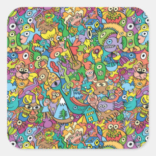 Mix of funny doodles in a playful carnival pattern square sticker