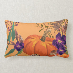 Mix of Pumpkins Fall Leaves and Flowers Lumbar Cushion