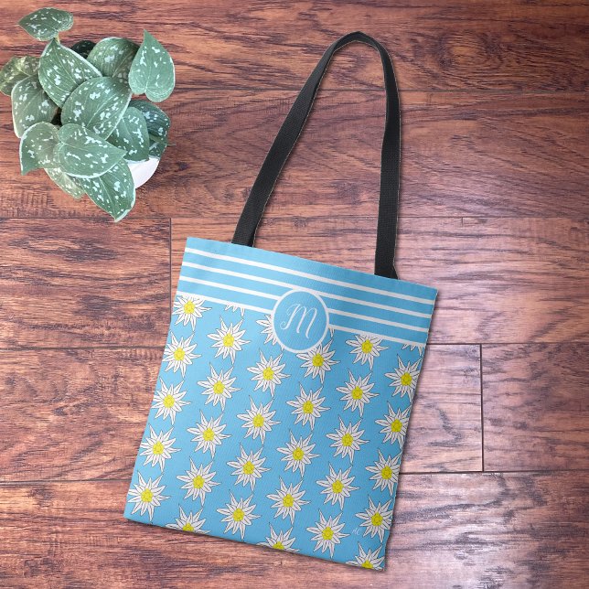 Mix Pattern Floral N Stripes Cyan Monogram Tote  Bag (Creator Uploaded)
