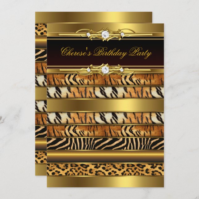 Mixed Animal Prints Birthday Party Gold Black 3 Invitation (Front/Back)