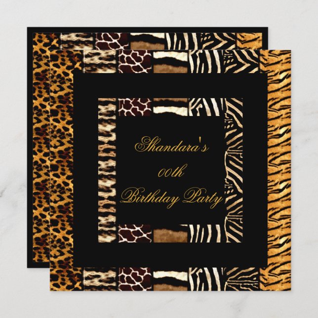 Mixed Animal Prints Gold Black Birthday Party Invitation (Front/Back)