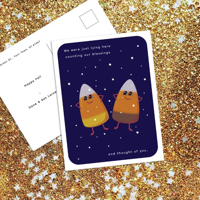Mixed Candy Corn Couple "Counting Blessings" Fall Holiday Postcard (Creator Uploaded)