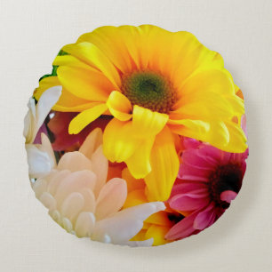 Mixed Daisies Bouquet-Round Throw Pillow