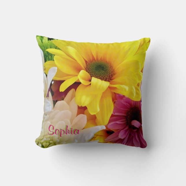 Mixed Daisies Bouquet-Square Throw Pillow (Front)