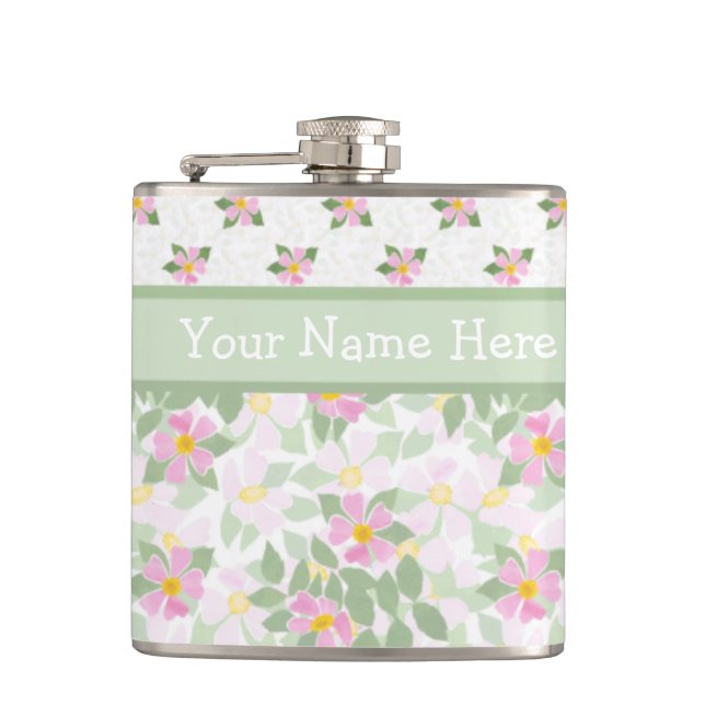 Mixed Dog Rose Florals: Hip Flask to Personalise (Front)