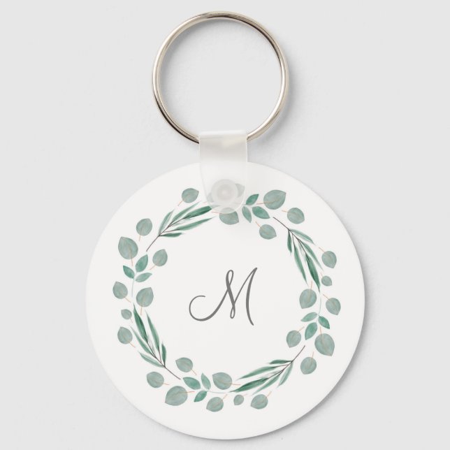 'Mixed Eucalyptus Leaves Wreath' Watercolor Key Ring (Front)