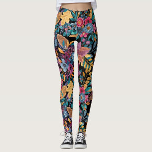 Mixed Fall Floral Leaves Berry Watercolor Pattern Leggings