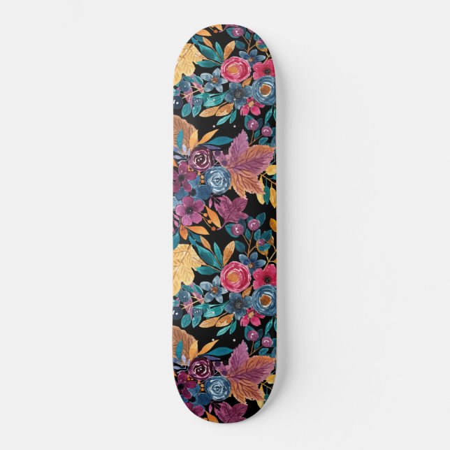 Mixed Fall Floral Leaves Berry Watercolor Pattern Skateboard (Front)