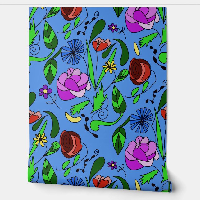 Mixed Floral On Blue Wallpaper (Unrolling)