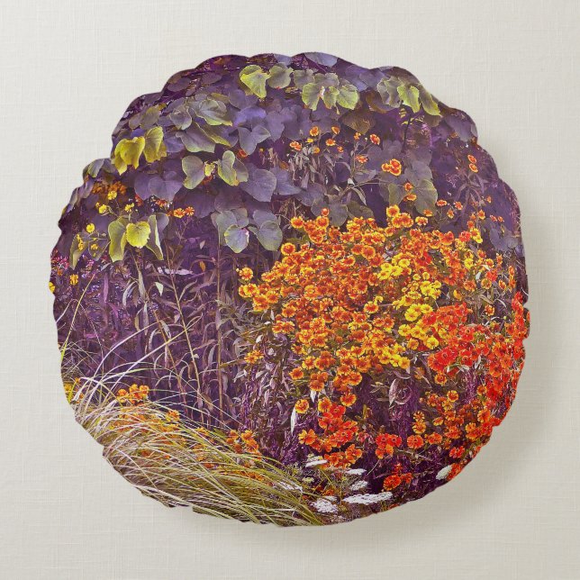 MIXED FLORAL/PLANTS, GRASSES AND ORANGE&YELLOW FLO ROUND CUSHION (Front)