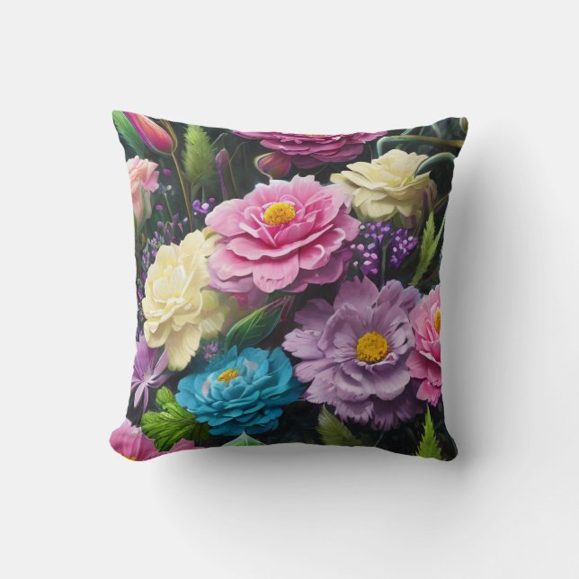 Mixed Flowers, Colourful, Retro Modern Springtime  Cushion (Front)
