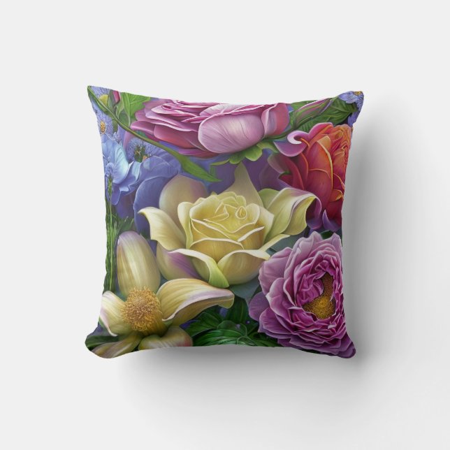 Mixed Flowers, Colourful, Retro Modern Springtime Cushion (Front)