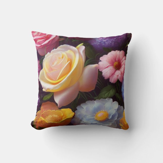 Mixed Flowers, Colourful, Springtime Throw Pillow (Front)