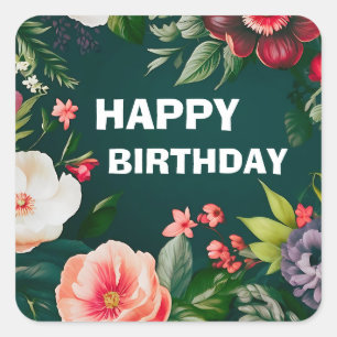 mixed flowers happy birthday square sticker