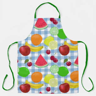 Mixed Fruit Blue and White Check Pattern Cute Apron