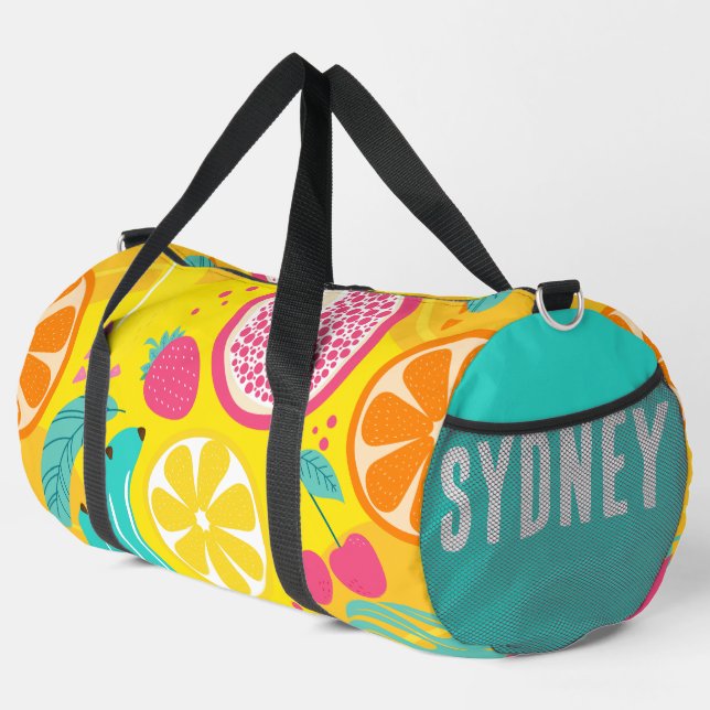 Mixed Fruit  Yellow Custom Name Duffle Bag (Right Corner)