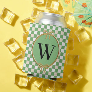 Mixed Green, White Beige Checks & Ribbon Monogram Can Cooler
