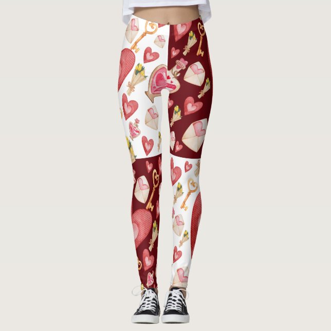 Mixed Hearts & Keys Pattern Leggings (Front)
