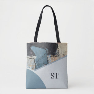 Mixed Media Abstract Grey Blue Initial Monogram Tote Bag