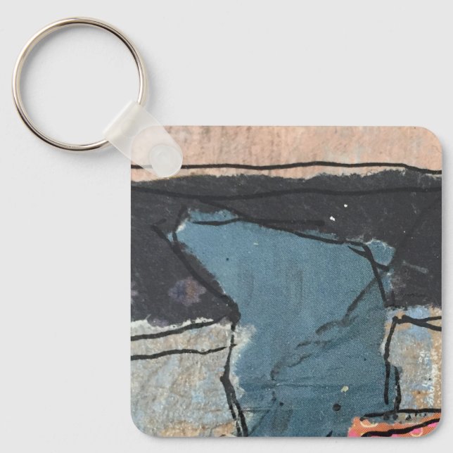 Mixed Media Abstract Grey Grey Blue QR Code Key Ring (Front)