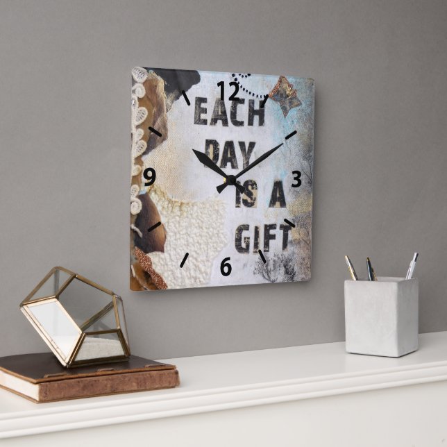 Mixed Media Art Quote Each Day Is A Gift Square Wall Clock (Office)