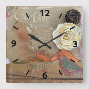 Mixed Media Art Quote with Bird and Flowers Clock