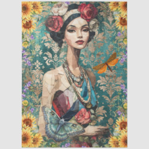 Mixed Media Beautiful Woman Face Art Collage  Tissue Paper