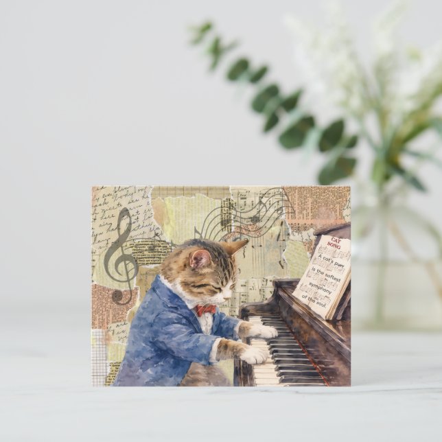 Mixed Media Cat Playing the Piano Greeting Card (Standing Front)