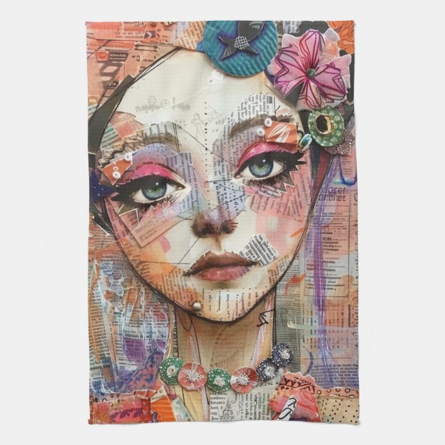 Mixed Media Collage Portrait Art (11) Tea Towel (Vertical)