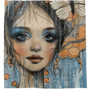 Mixed Media Collage Portrait Art (12) Shower Curtain