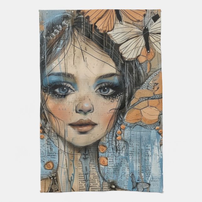 Mixed Media Collage Portrait Art (12) Tea Towel (Vertical)