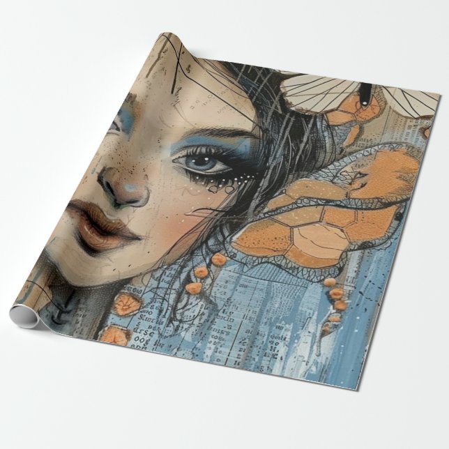 Mixed Media Collage Portrait Art (12) Wrapping Paper (Unrolled)