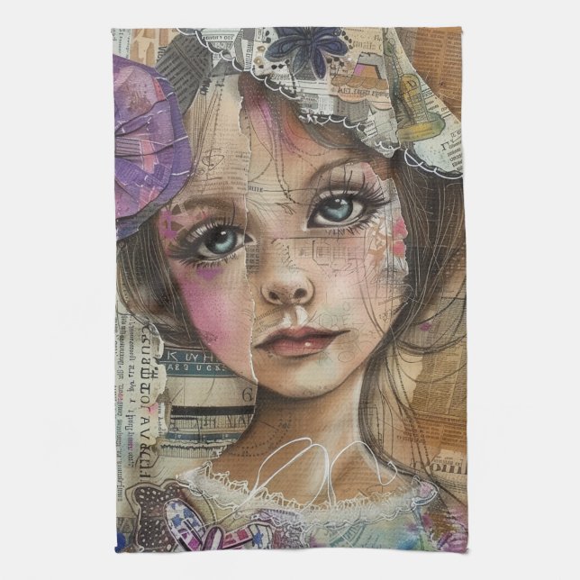 Mixed Media Collage Portrait Art (1) Tea Towel (Vertical)